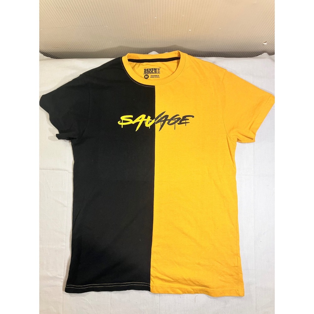 Seven Souls Savage Graphic T-Shirt‎ Mens Medium Black Yellow Split Two Tone Tee
